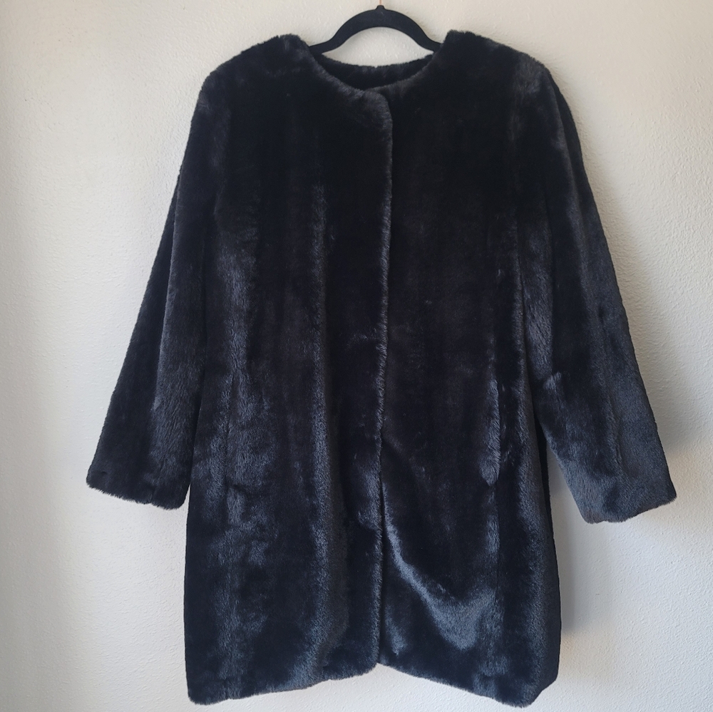 Banana Republic Faux Fur Midi Jacket Size Large Petite Color Black NWT